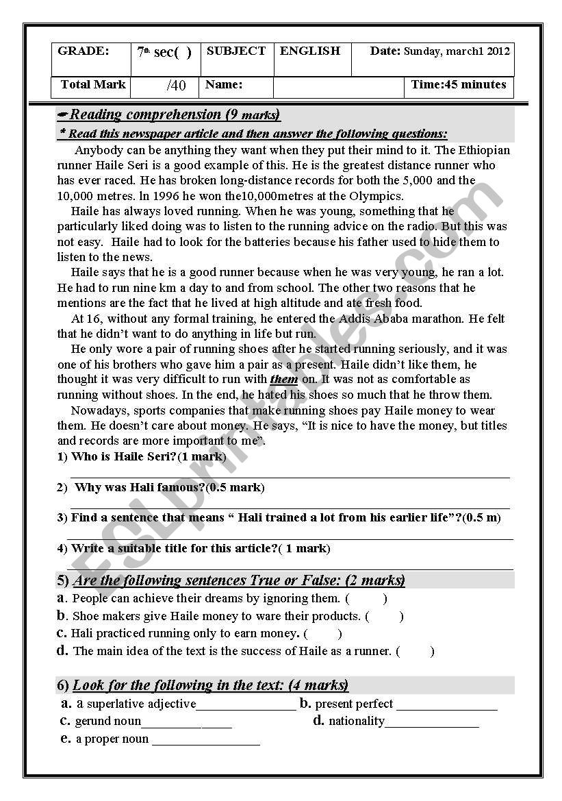 7th grade exam worksheet