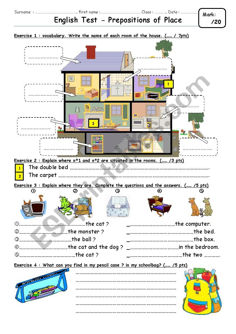 test on prepositions & house parts