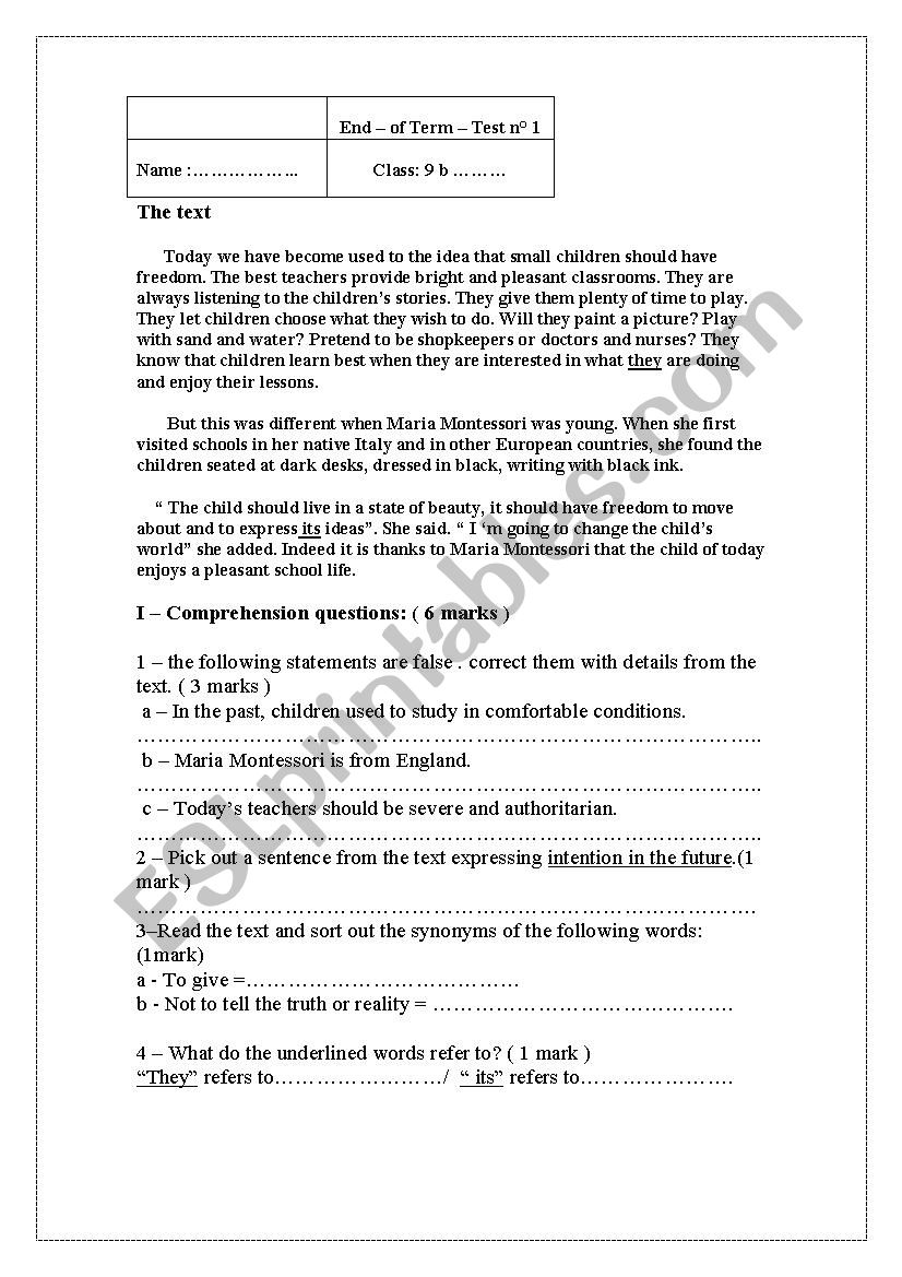 A Test for elementary pupils worksheet