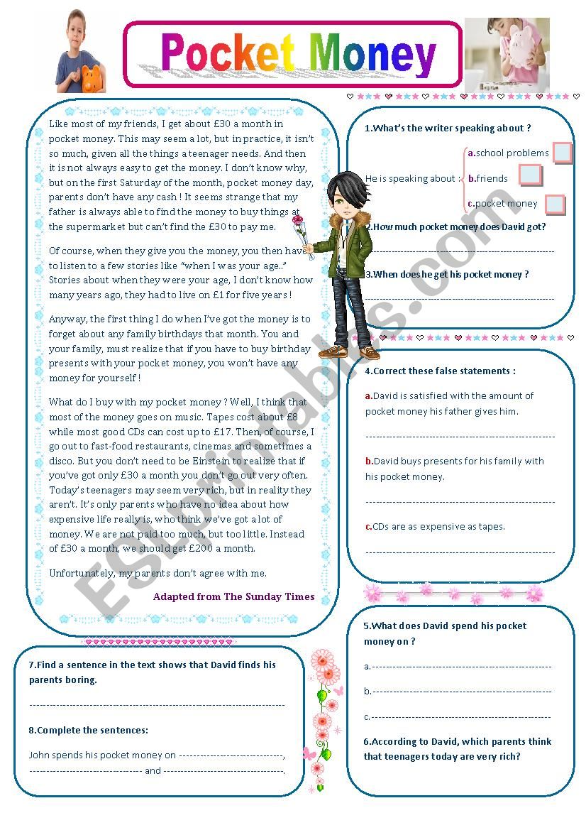 pocket money  worksheet