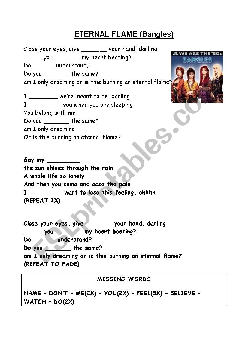 ETERNAL FLAME (THE BANGLES) worksheet