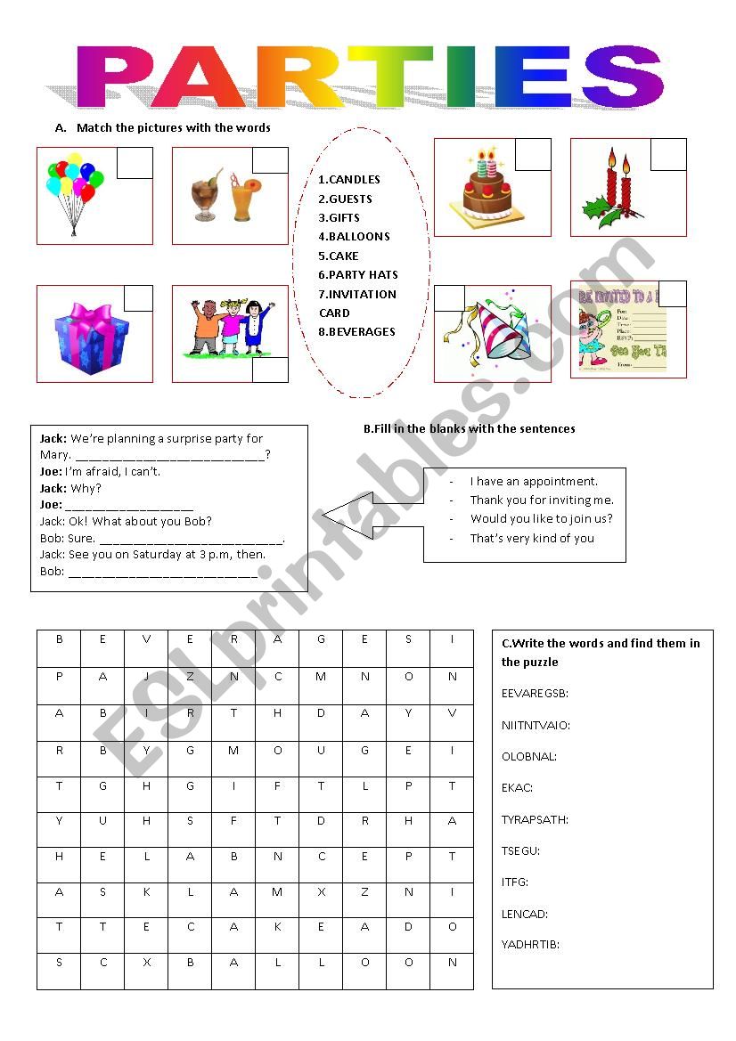 Parties worksheet