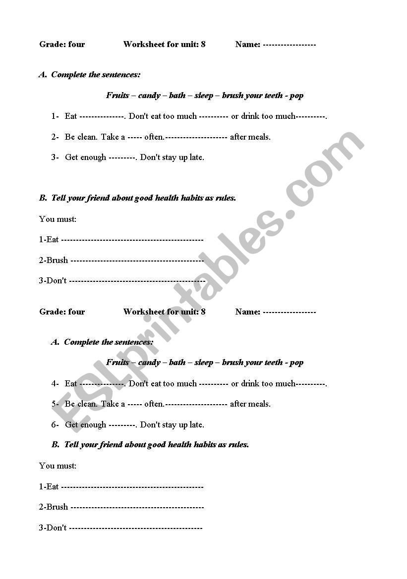 Health Habits worksheet