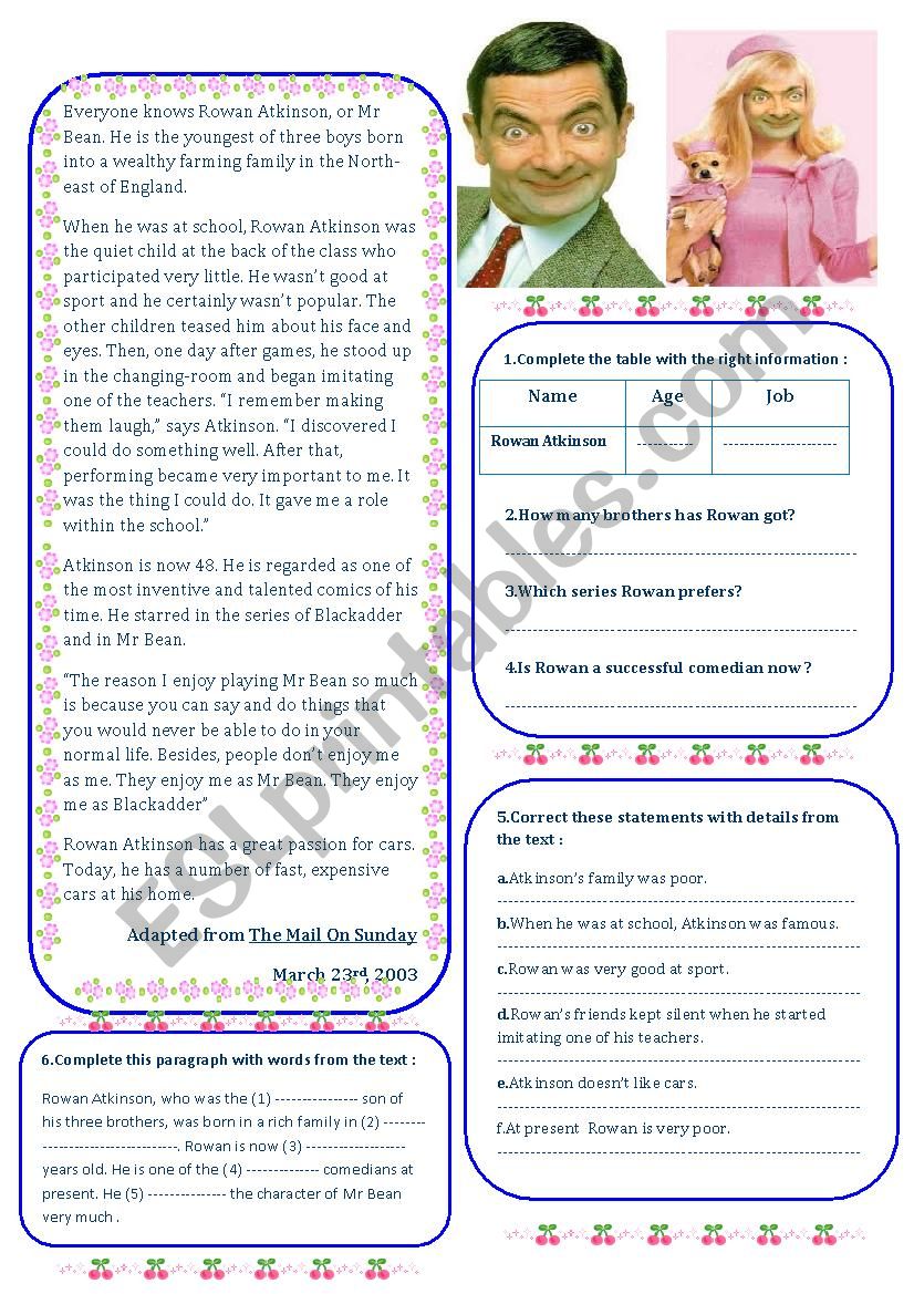 Rowan Atkinson-Mr Bean worksheet