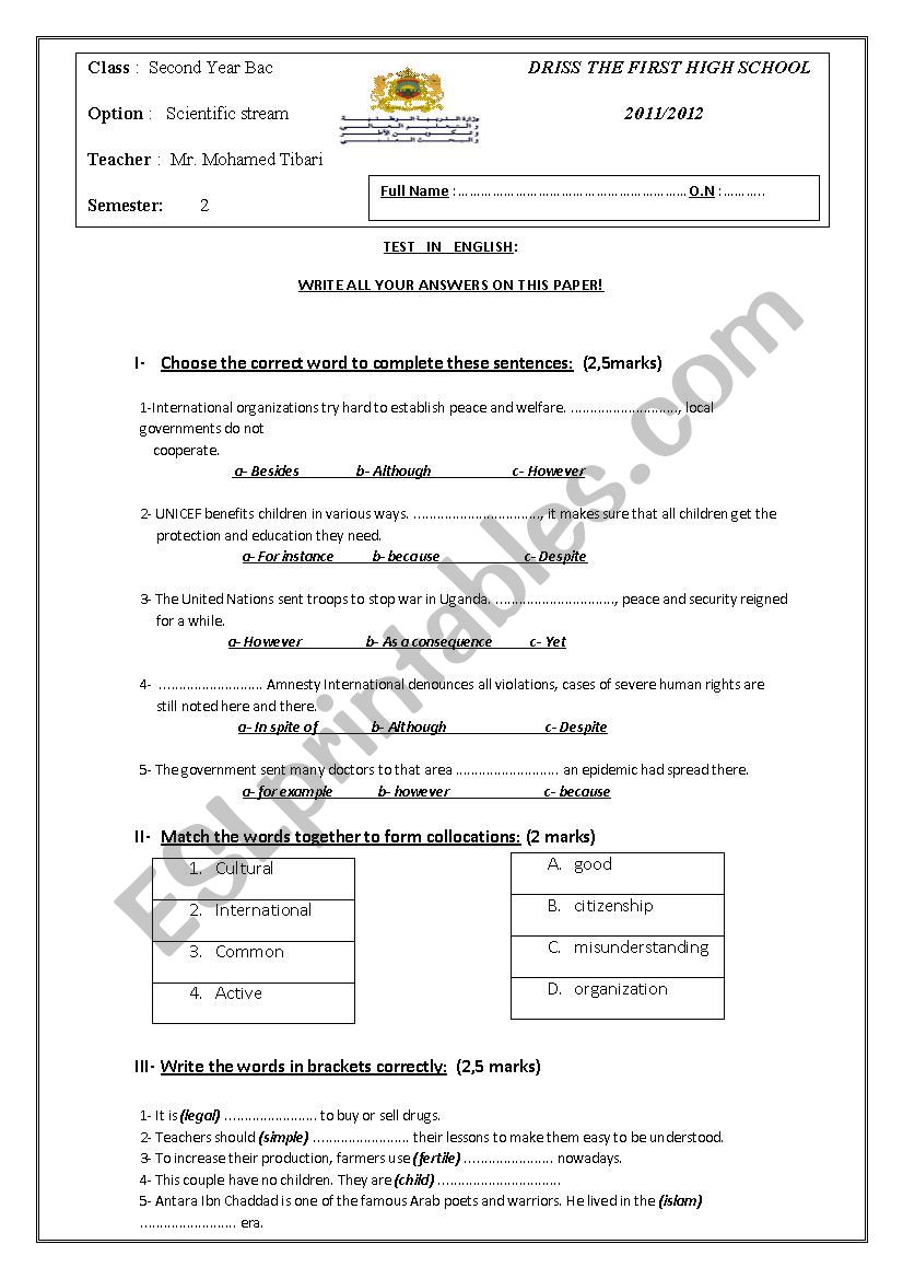 second year bac quiz worksheet