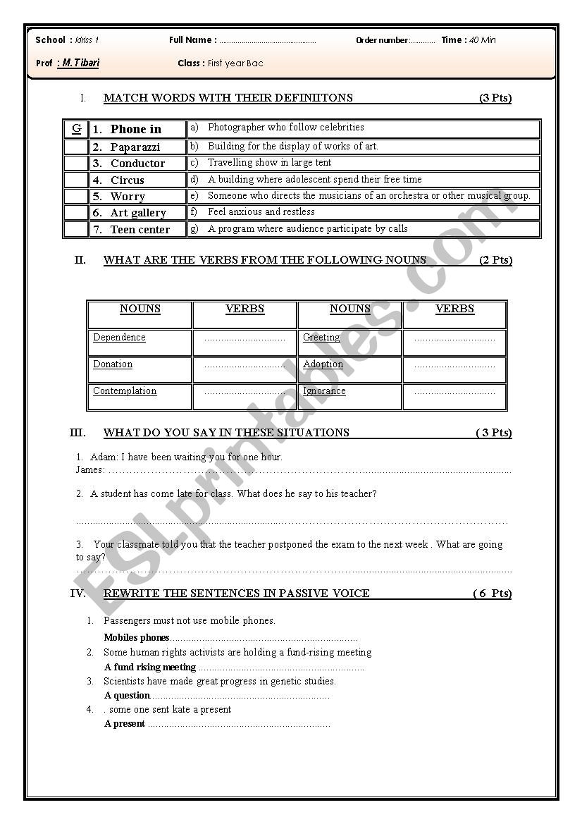 FIRST YEAR BAC QUIZ worksheet