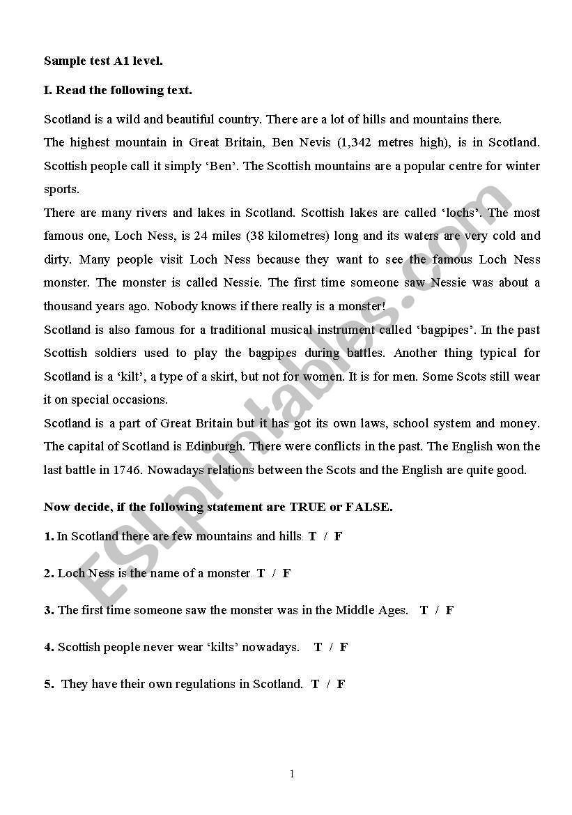 Sample elementary test worksheet