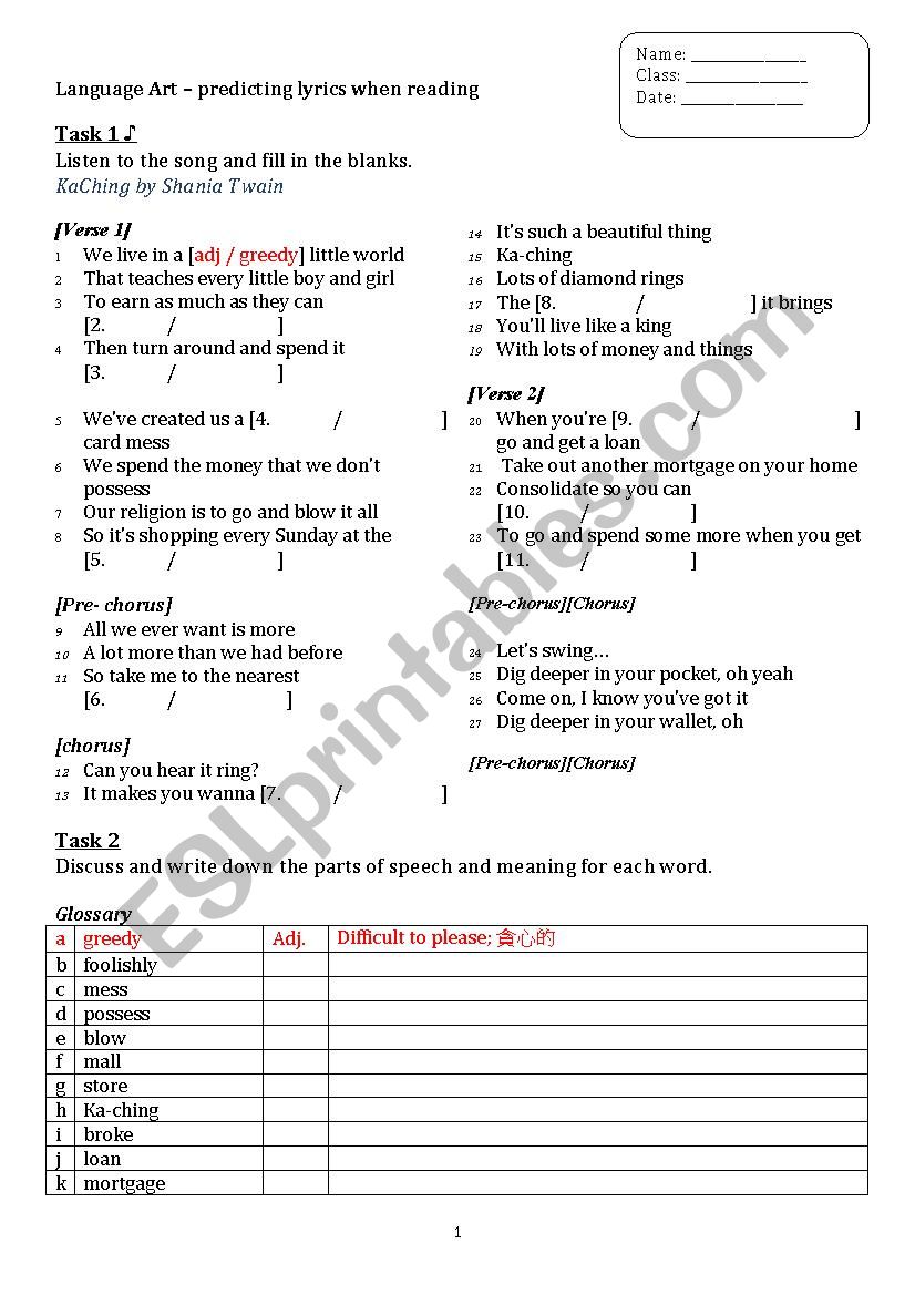 Ka-Ching worksheet