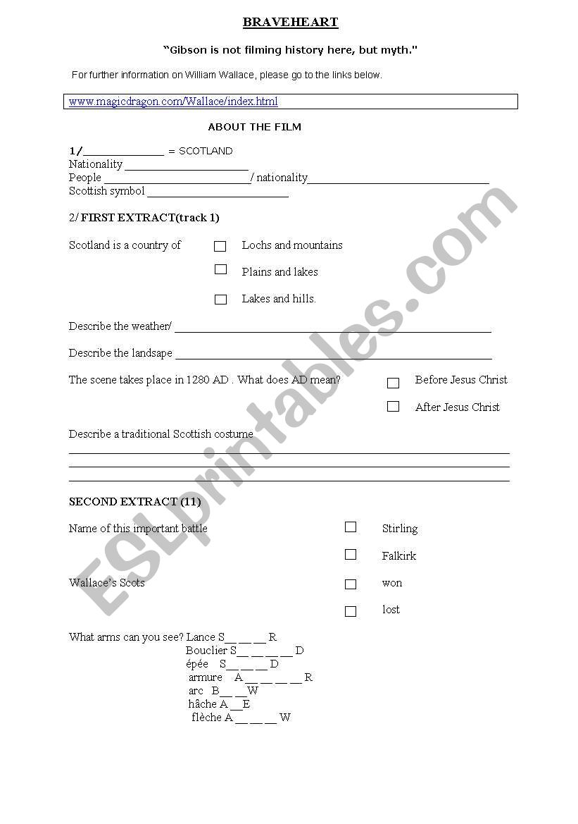 Film study: braveheart  worksheet