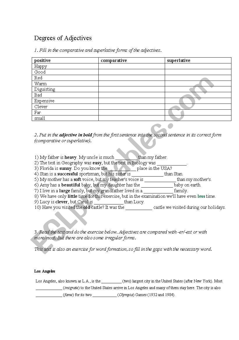 degrees of adjectives + table worksheet