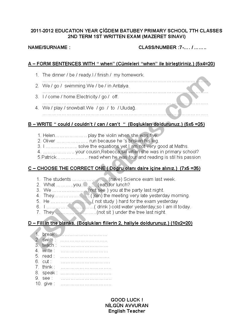 exam worksheet