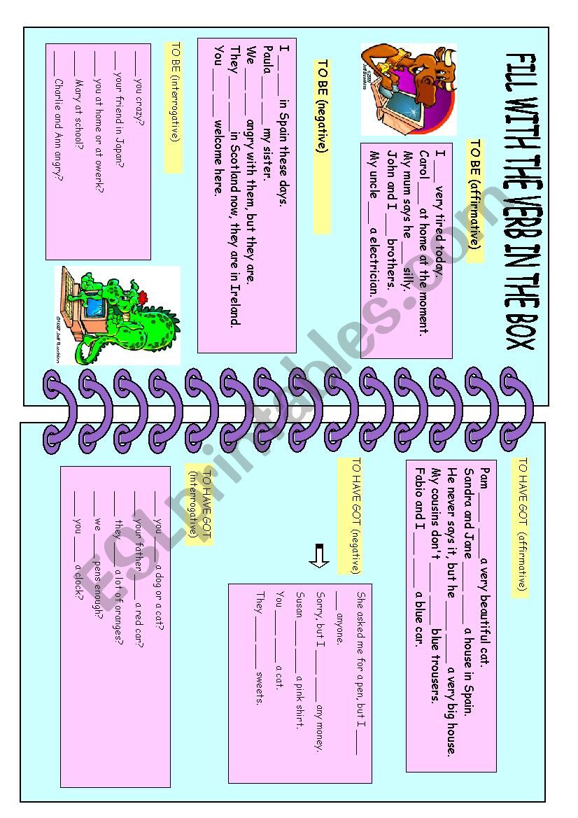 FILL WITH THE VERB IN THE BOX worksheet