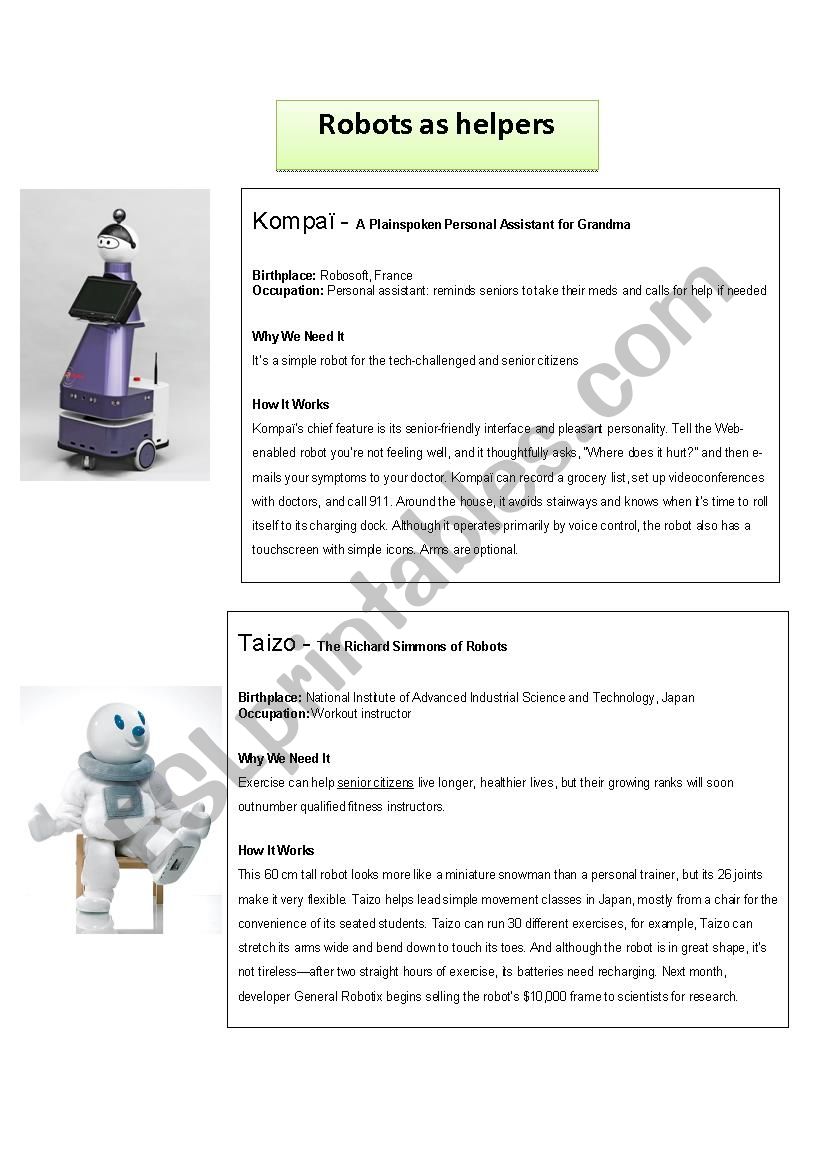 Robots as helpers worksheet