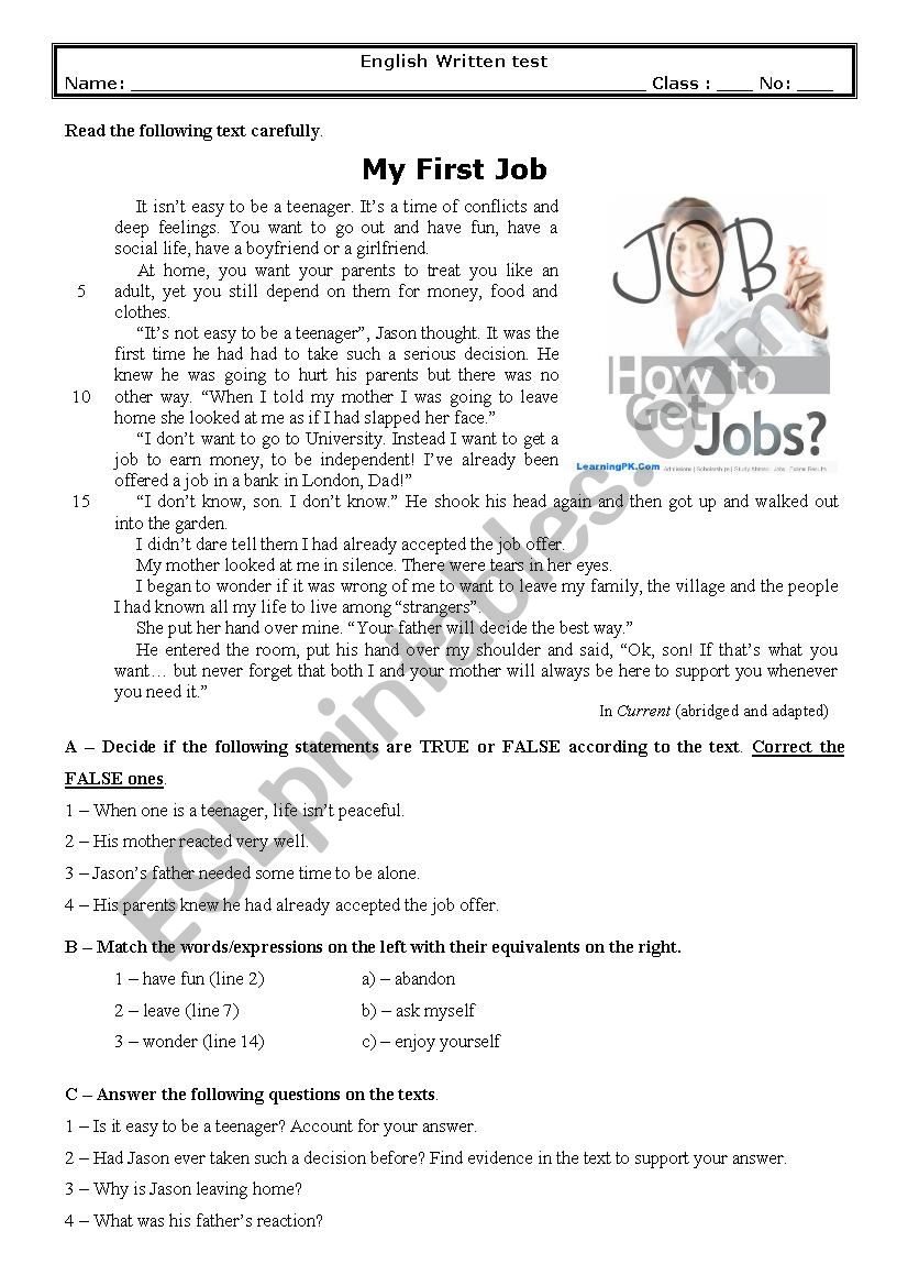 Test 9th grade (My first job) worksheet