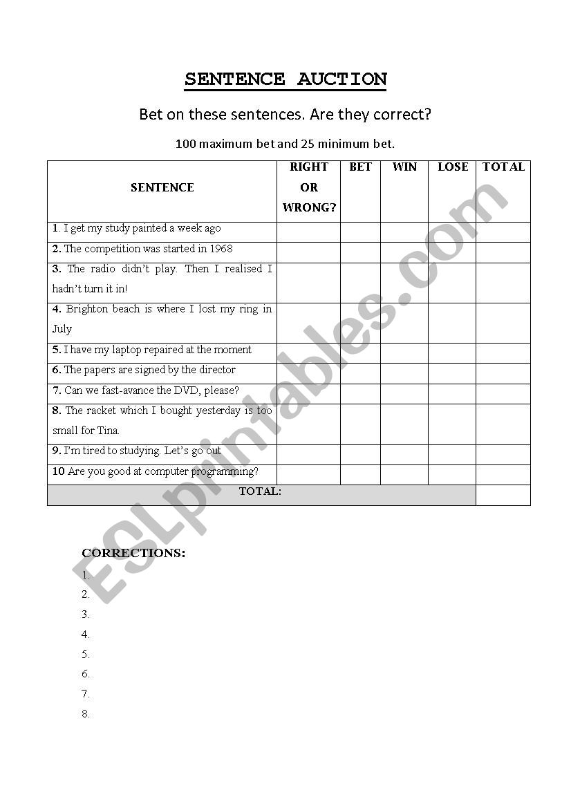 Sentence Auction worksheet