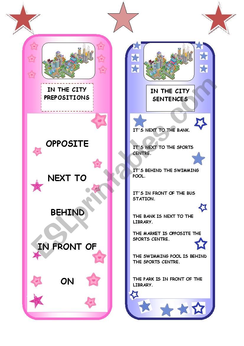 IN THE CITY BOOKMARKS - prepositions + sentences