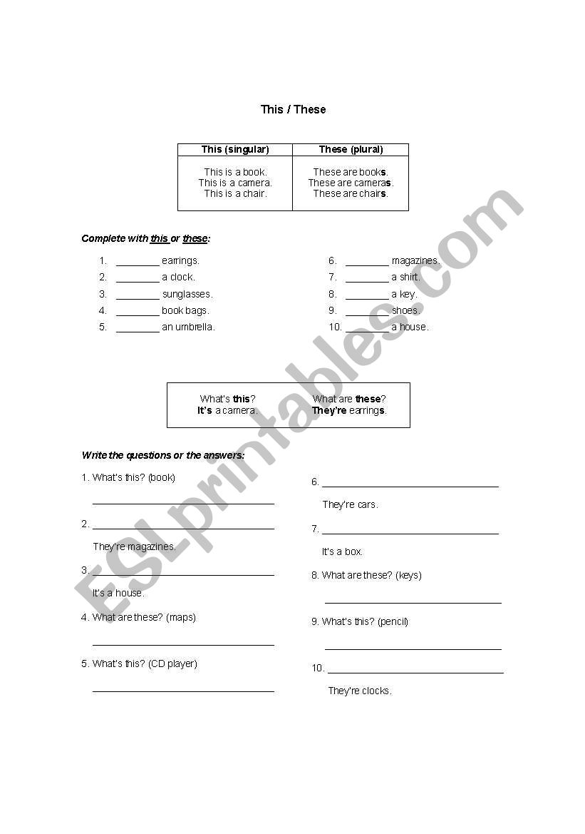 This / These worksheet