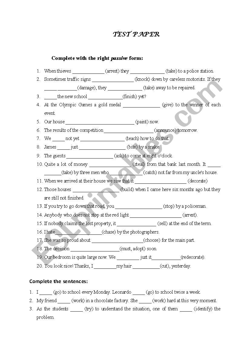 test paper worksheet