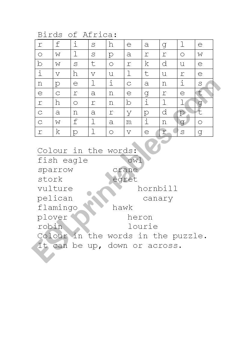 Birds of Africa worksheet