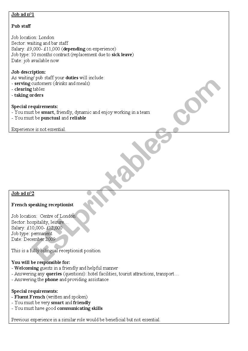 Job ads worksheet