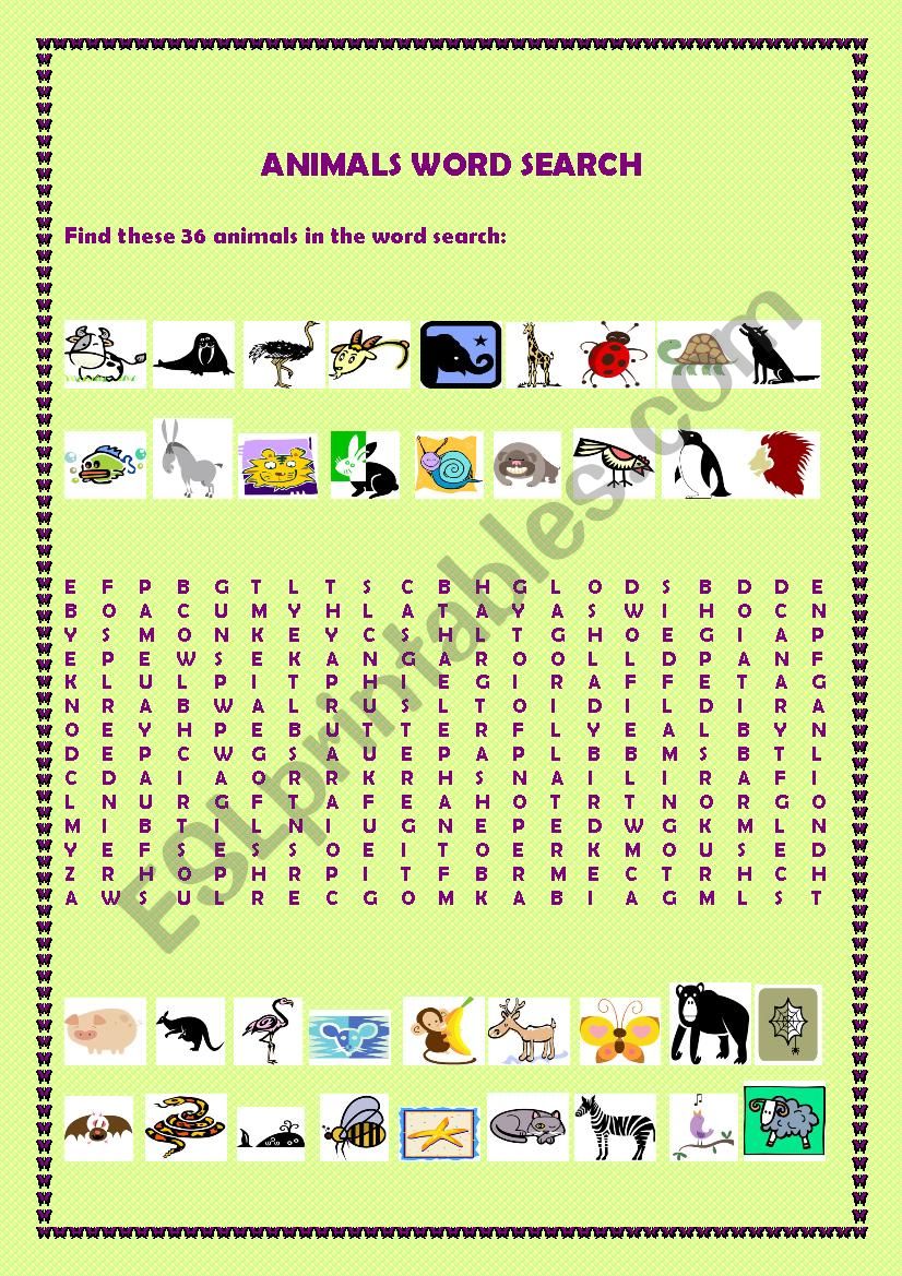 Animals word search worksheet