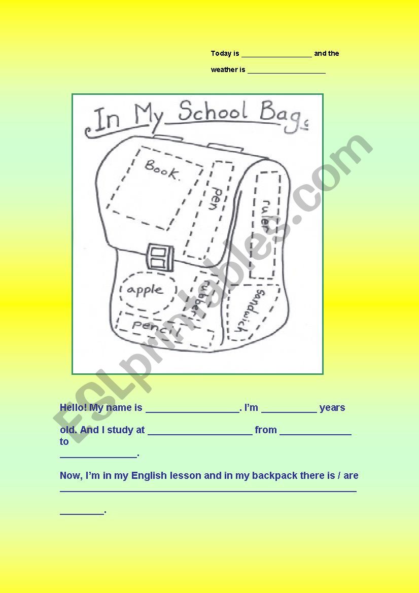 MY BACKPACK worksheet