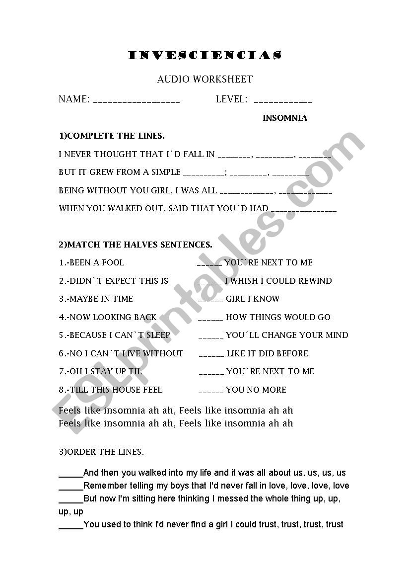 INSOMNIA worksheet