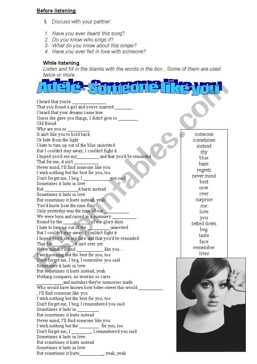 Someone like you worksheet