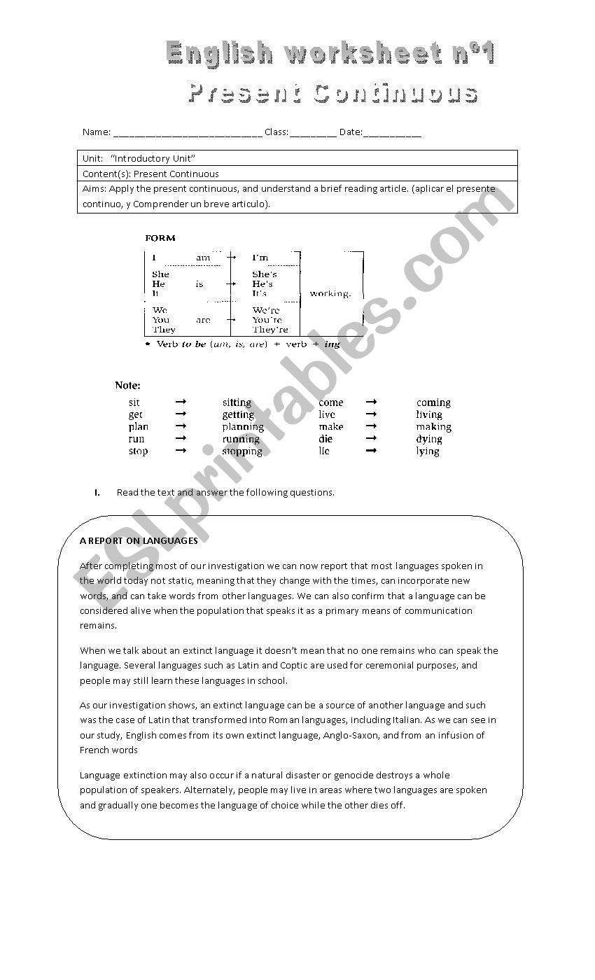 Present Continuous worksheet