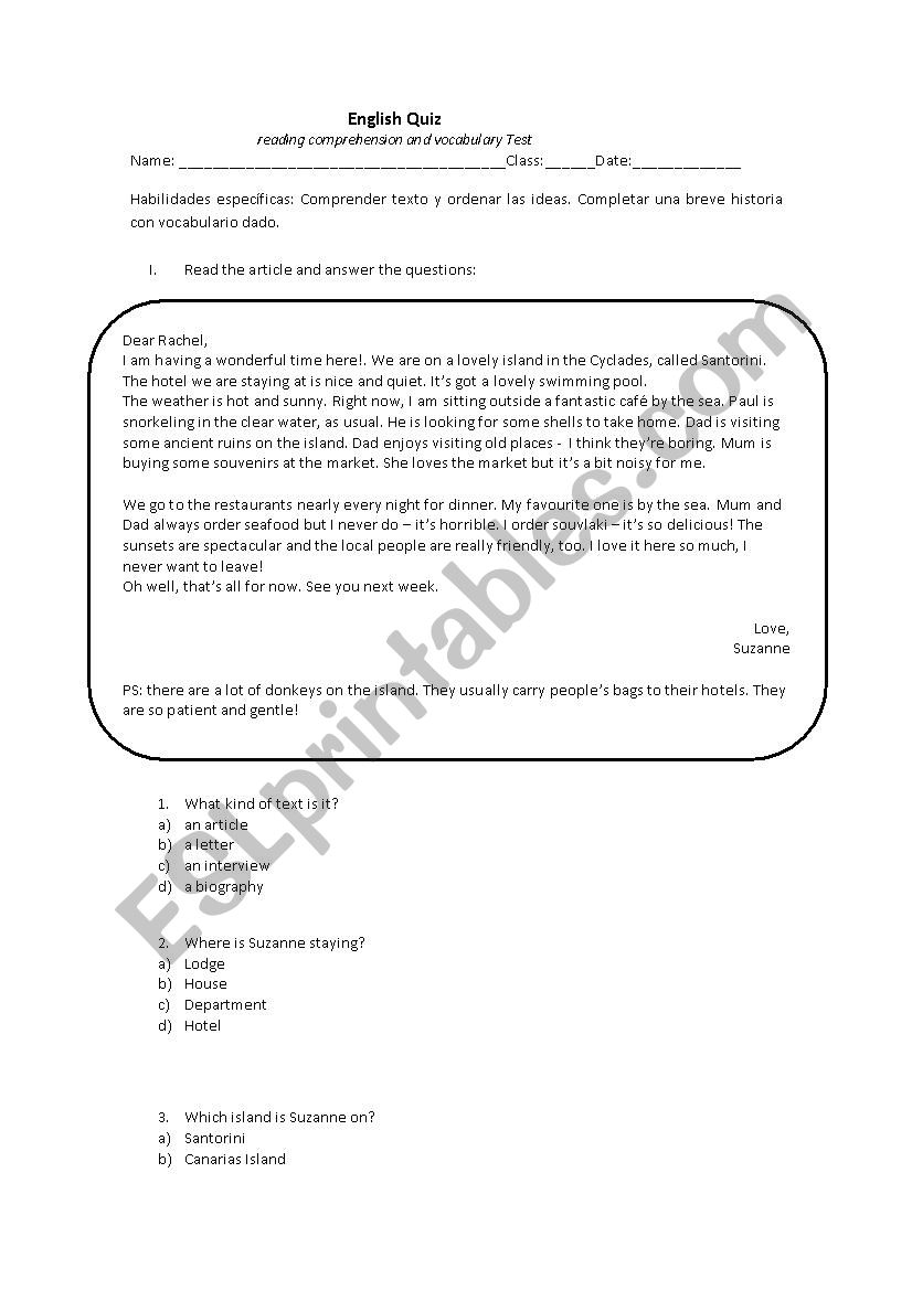 reading comprehension worksheet