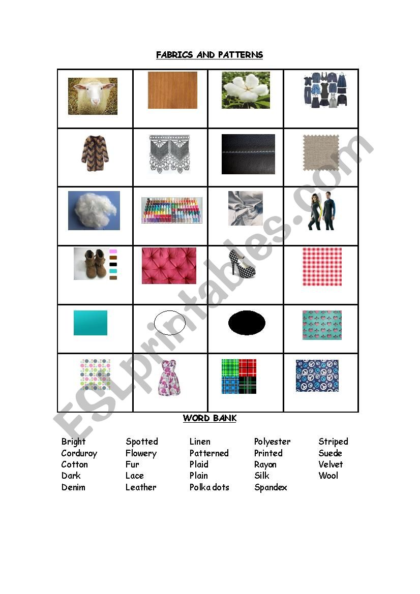 Fabrics and patterns  worksheet