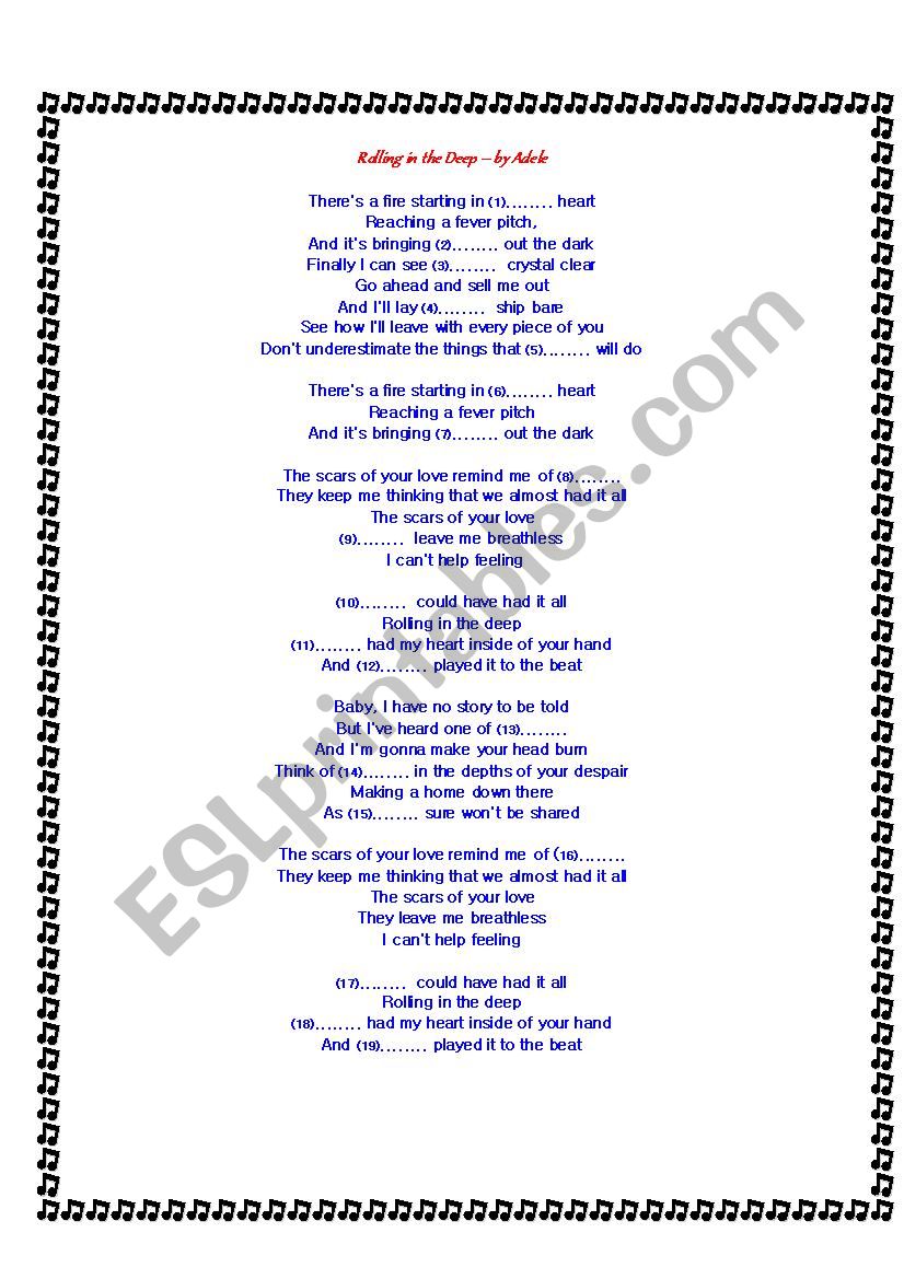 Rolling in the Deep by Adele worksheet