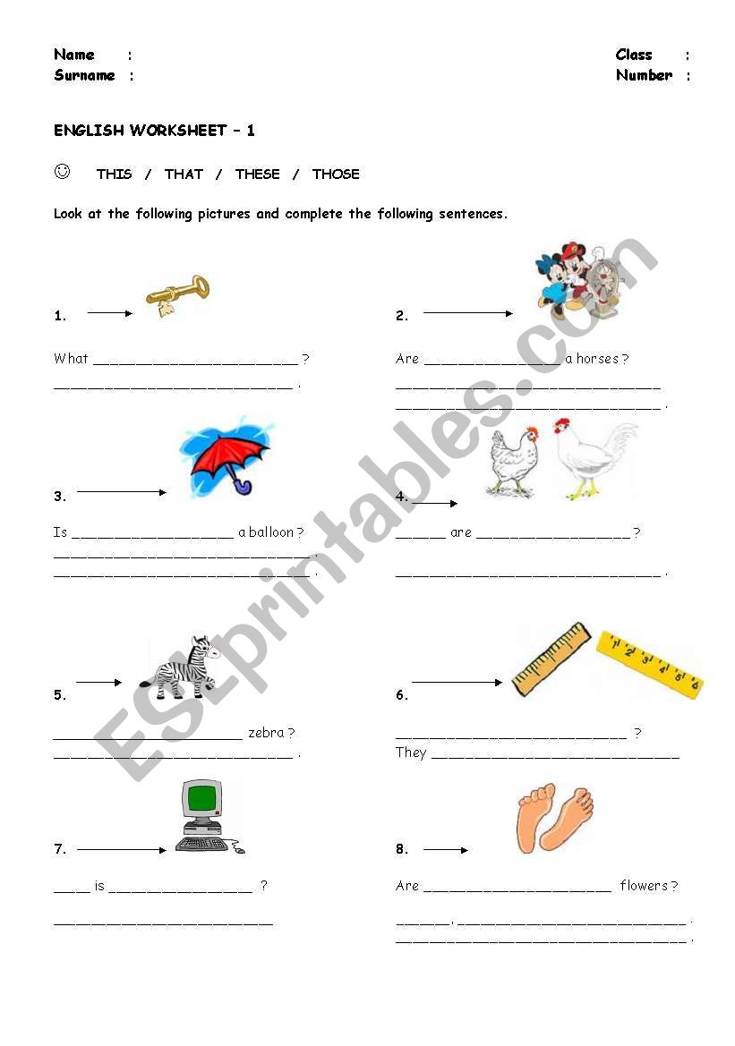 this / that / these / those worksheet