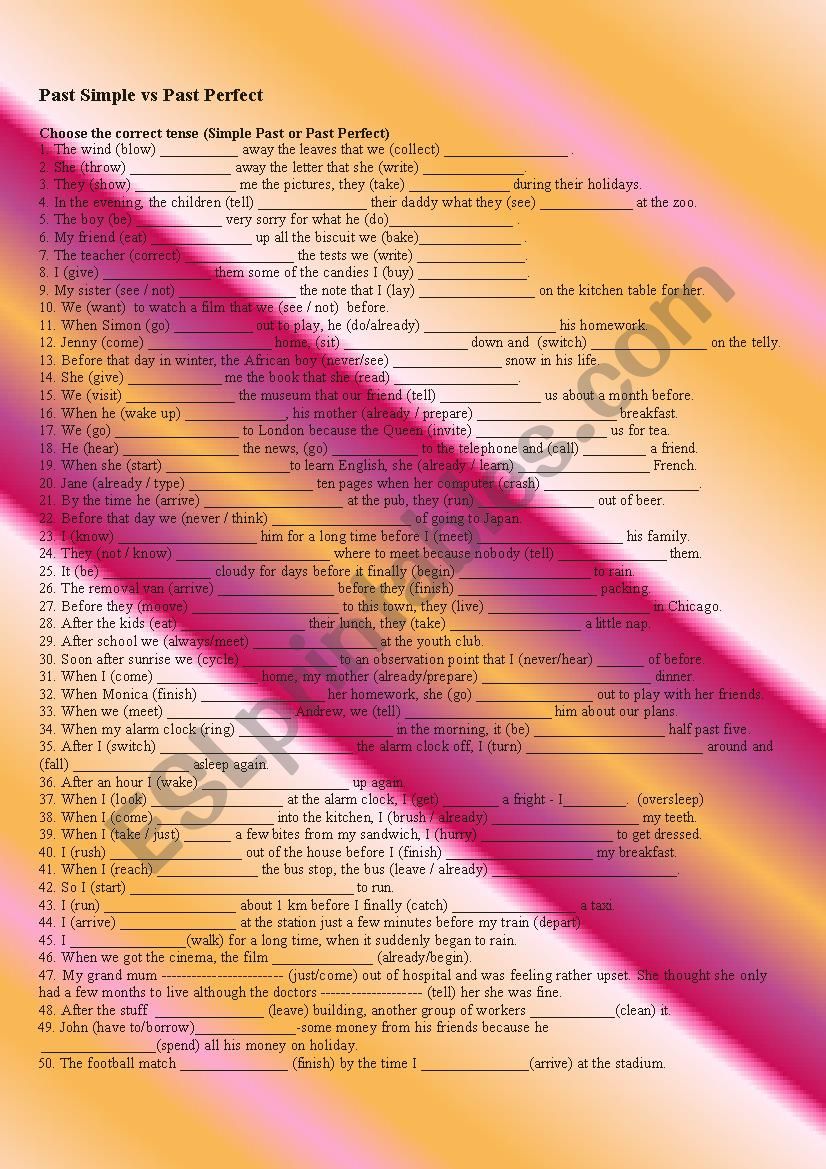 past tense/past perfect tense worksheet