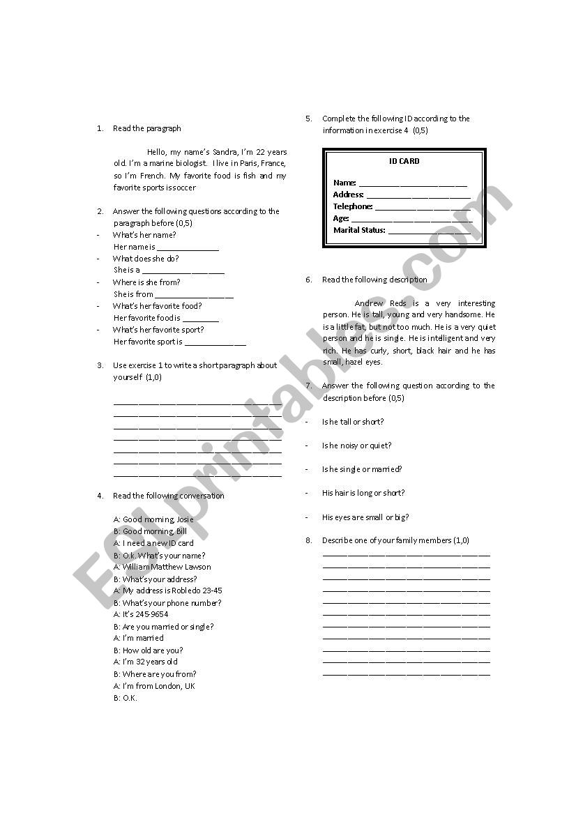 Reading and Writing Worksheet worksheet