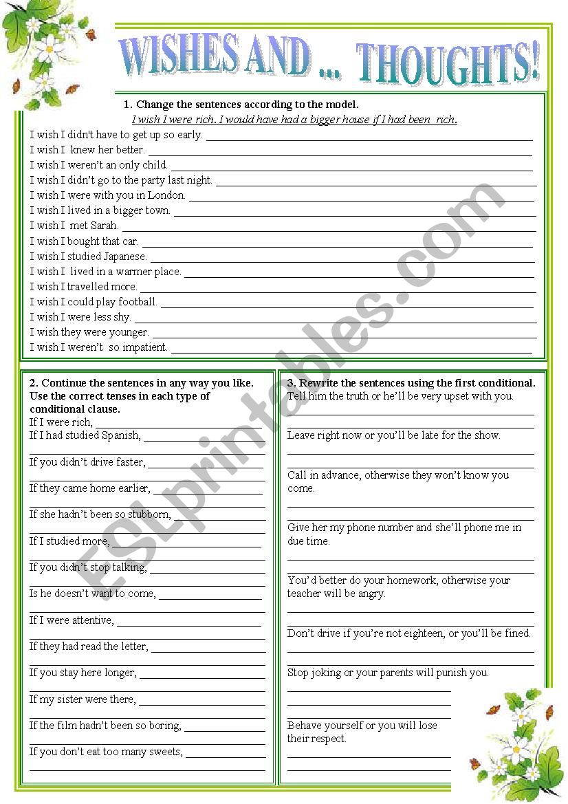 Whishes and thoughts worksheet