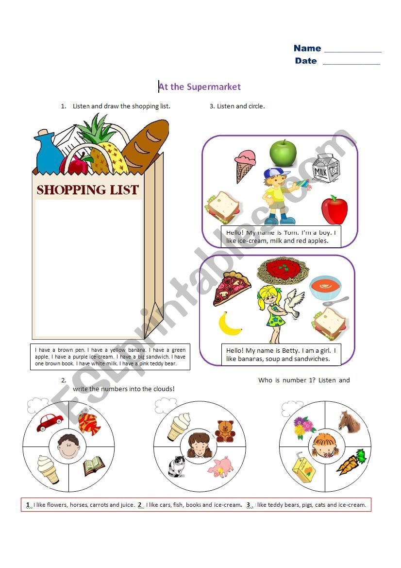 At the supermarket worksheet