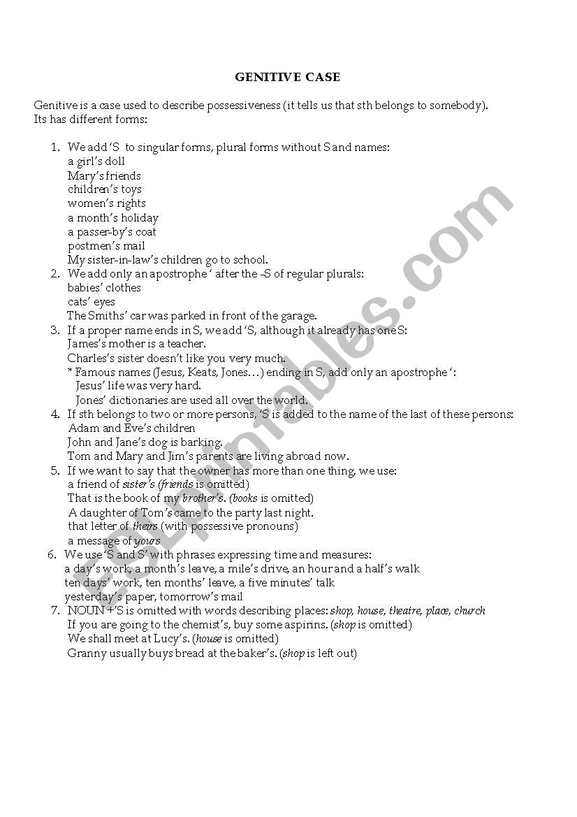 Genitive case worksheet