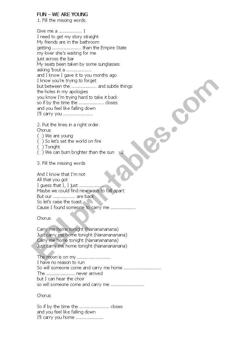 FUN - WE ARE YOUNG, SONG worksheet
