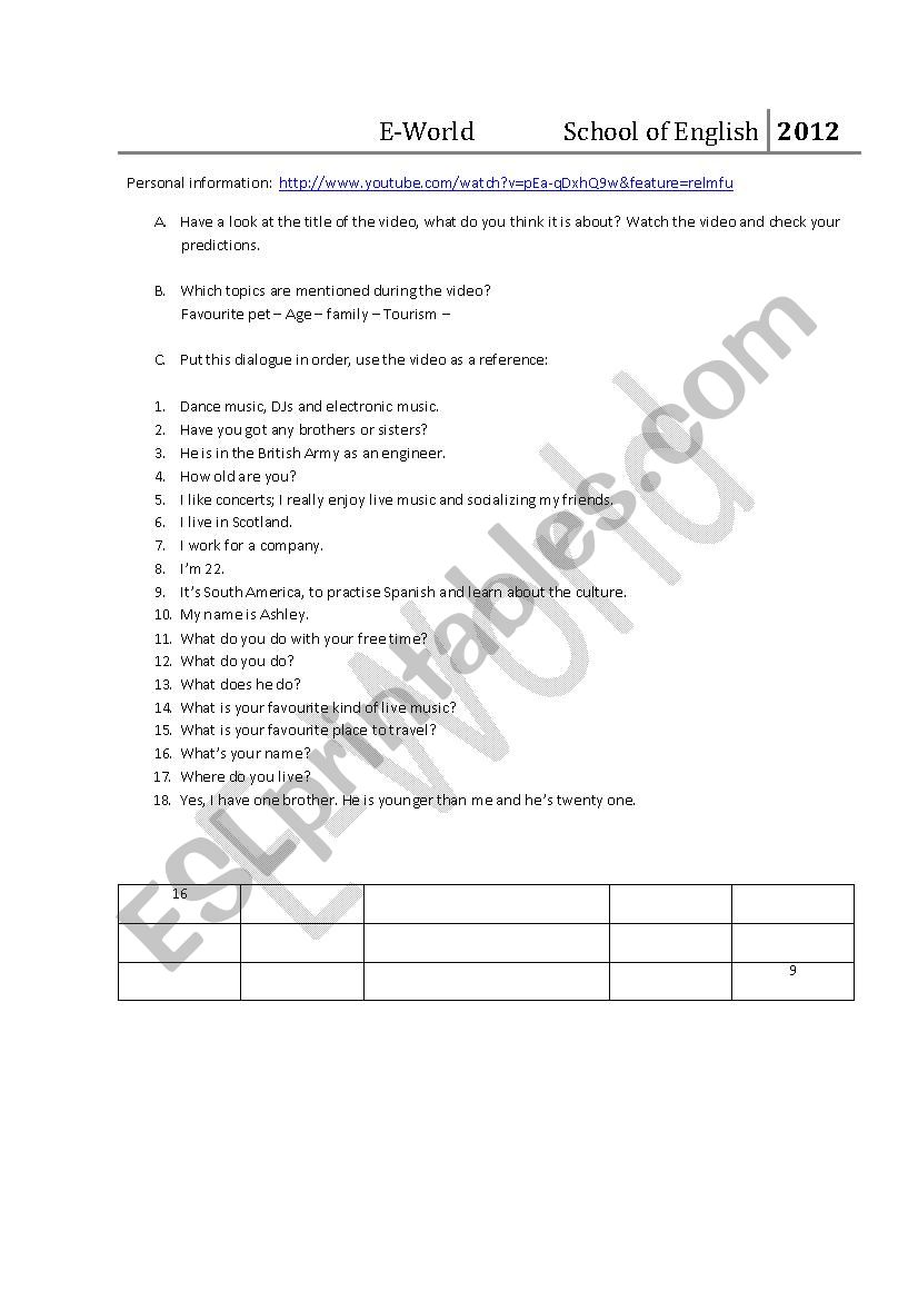 Personal Information worksheet