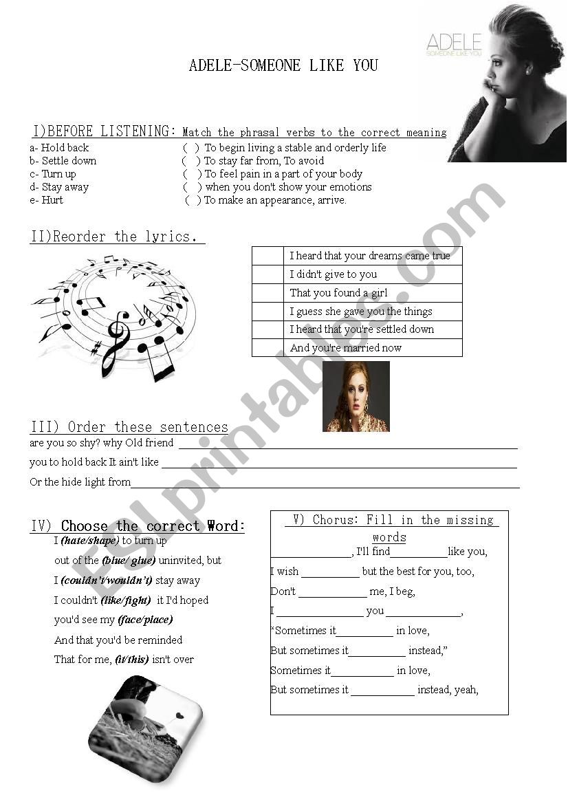 Adele Someone Like You Esl Worksheet By Ylero112