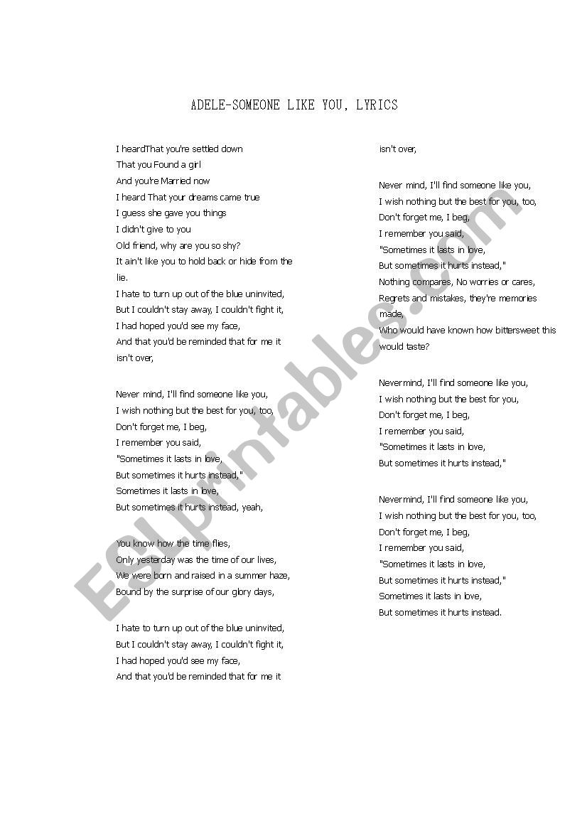 Adele Someone Like You Esl Worksheet By Ylero112