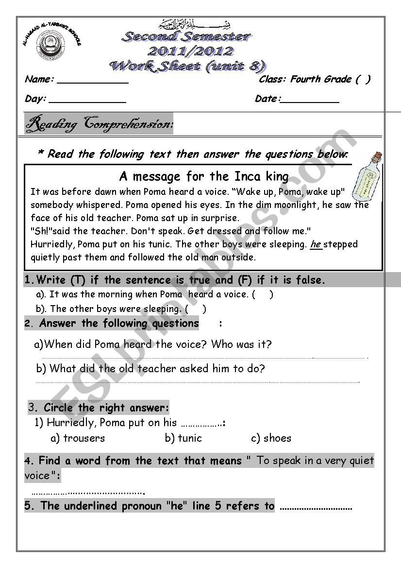 Comprehension work sheet grade 4 ( English world)