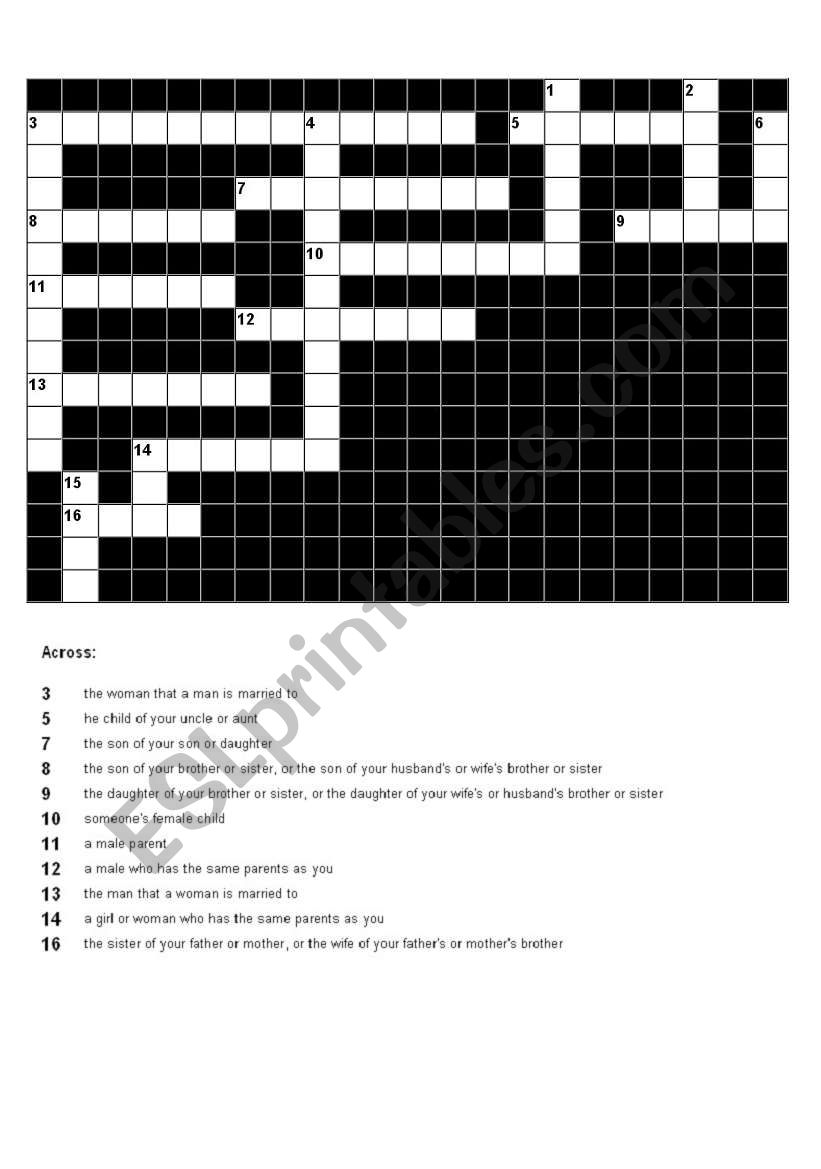 Family crossword worksheet