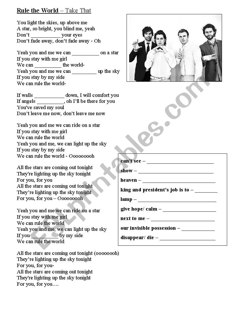 Take That Rule the world worksheet