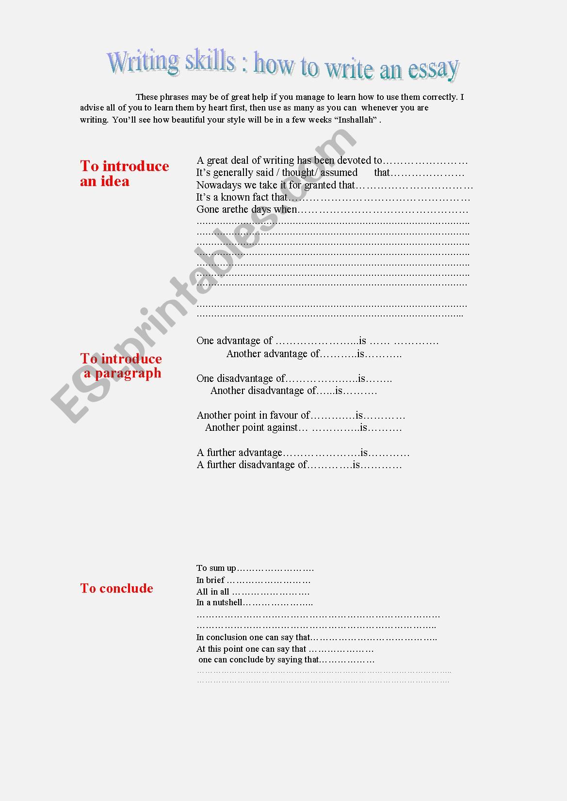 Writing skills; how to write an essay