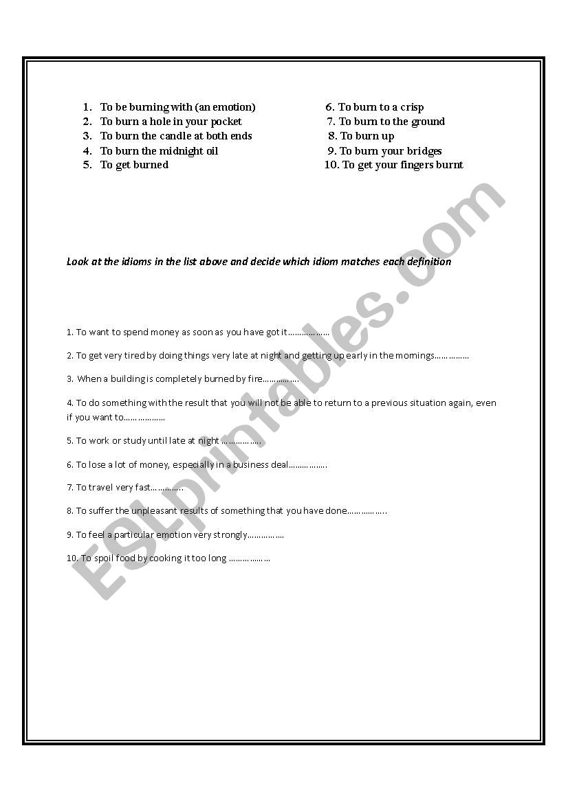 idioms with burn worksheet