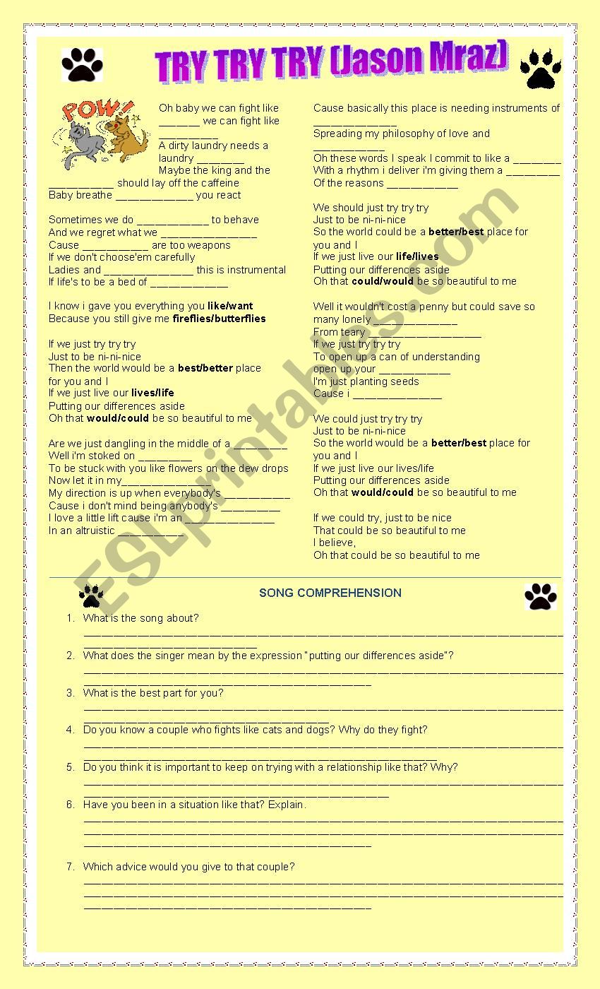 TRY TRY TRY (Jason Mraz) worksheet