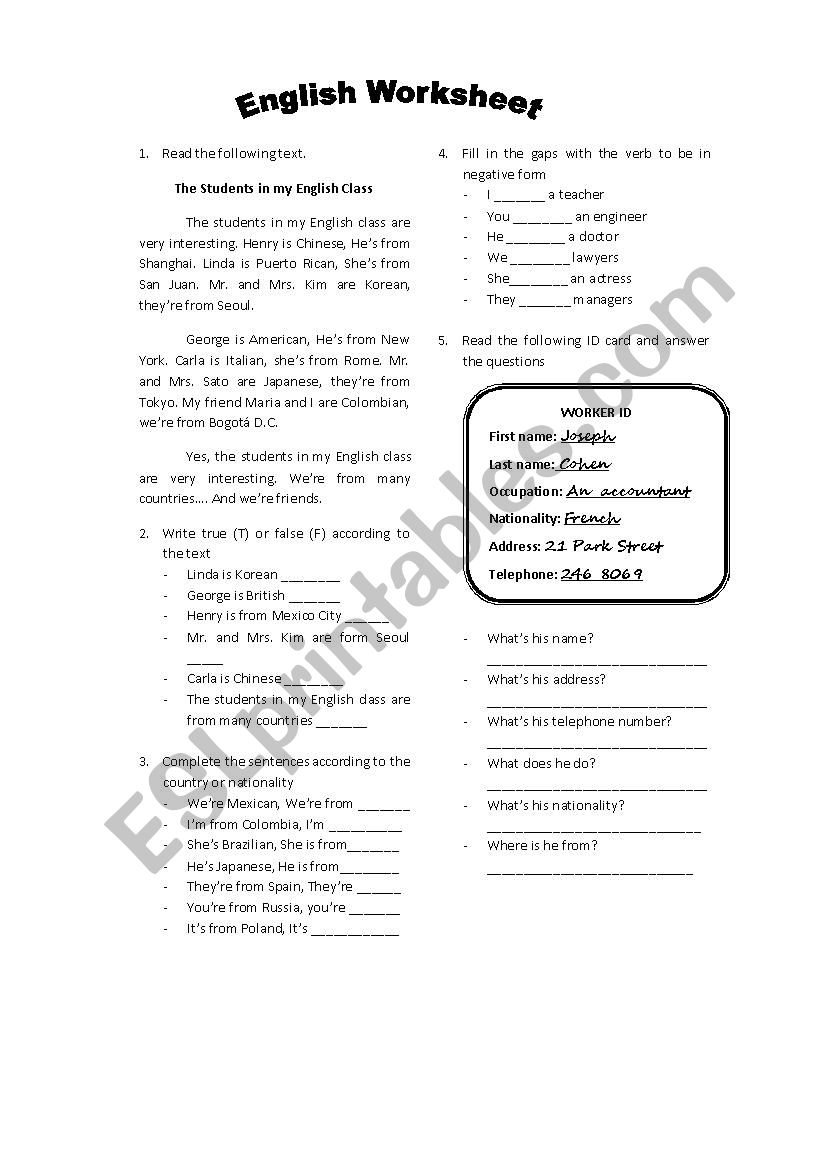 Nationalities and Occupations worksheet