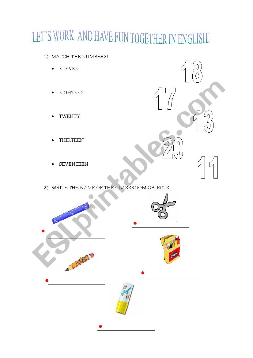 Numbers and school objects worksheet